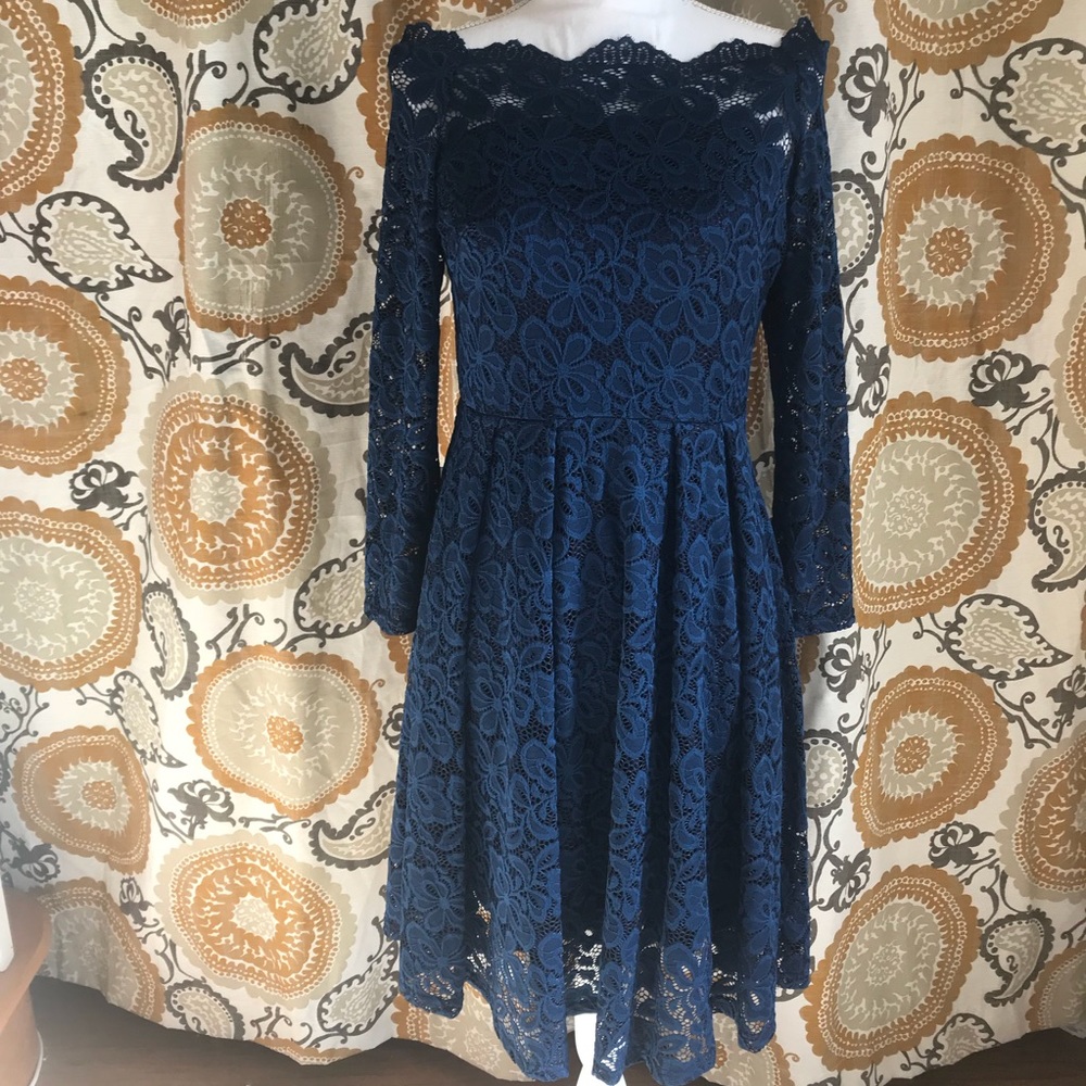 Navy long sleeve lace, off the shoulder dress